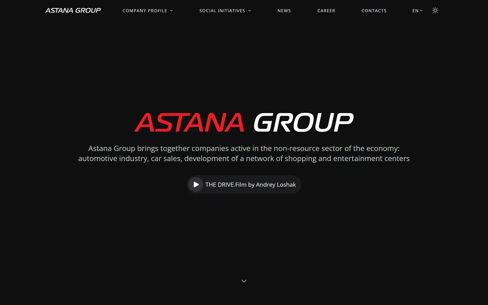 Astana Group website, dark corporate homepage with the group's brand mark
