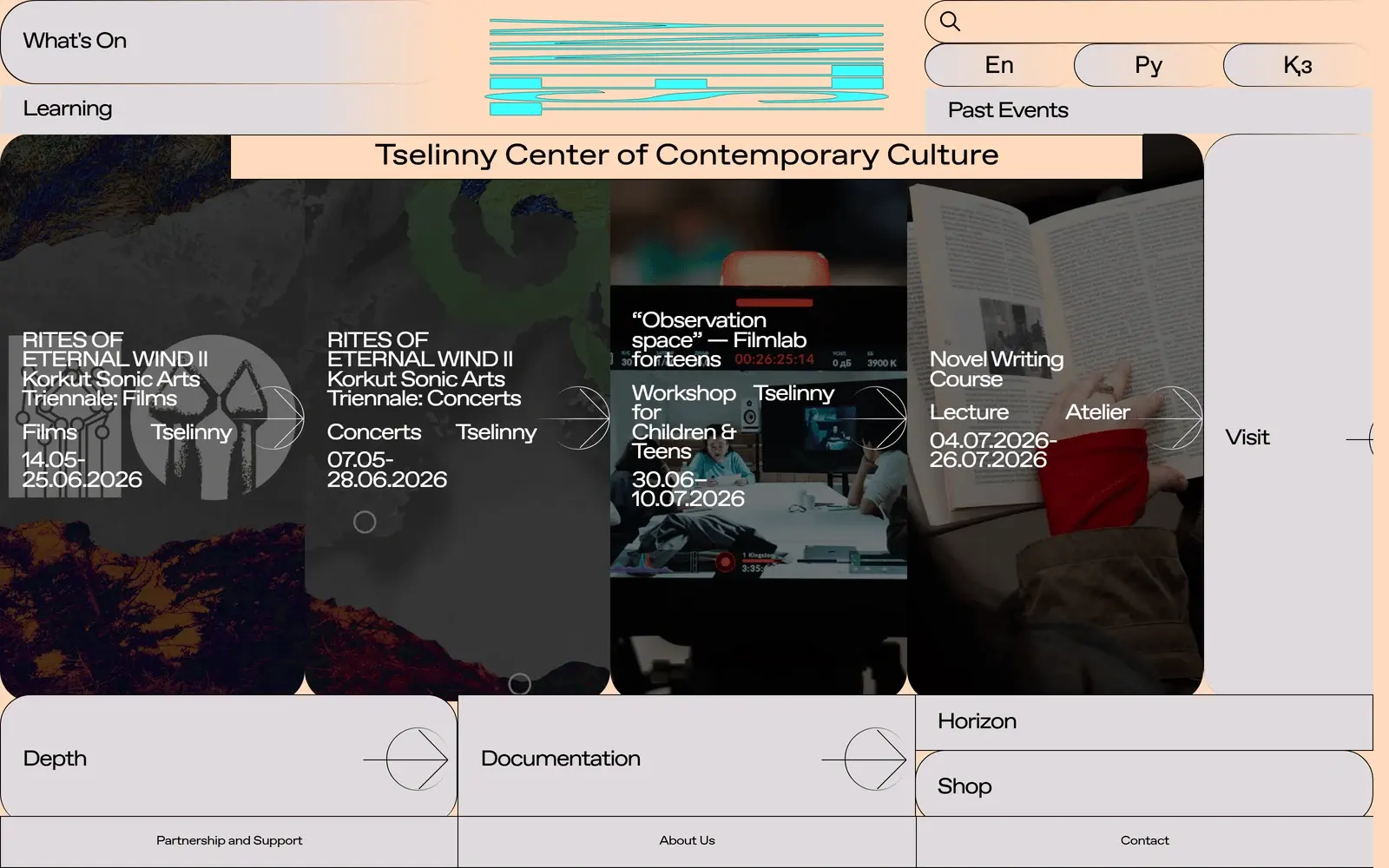 Tselinny website, trilingual editorial layout for the contemporary culture center