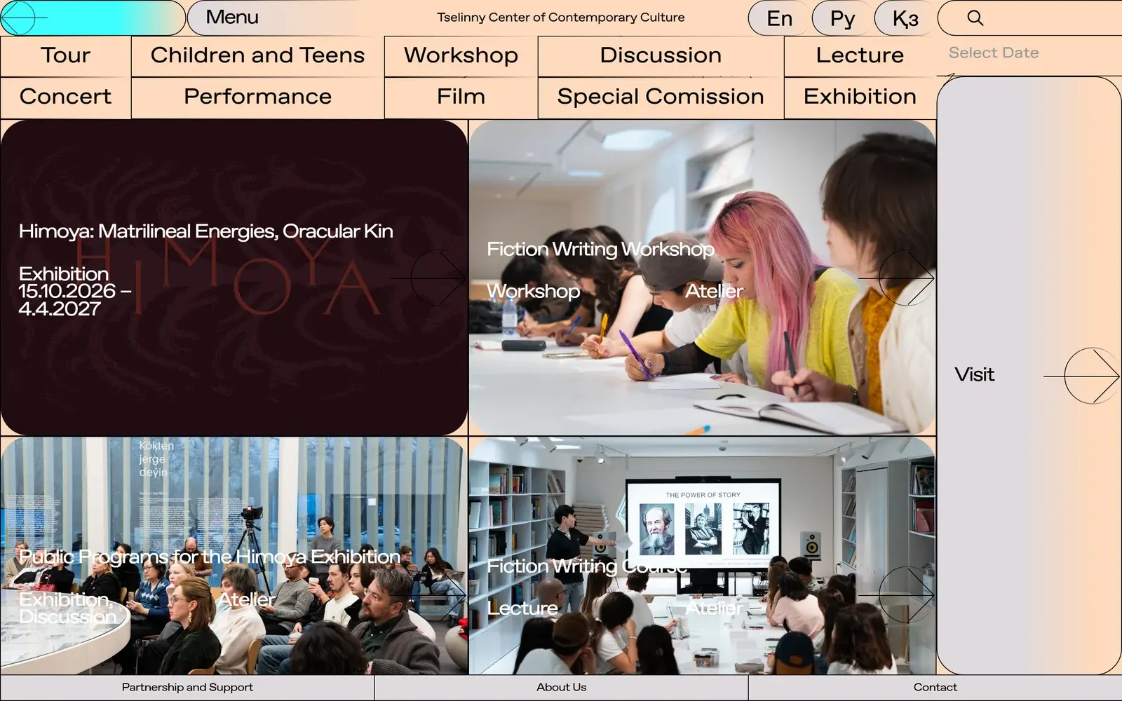 Tselinny What's On page with current exhibitions and workshops